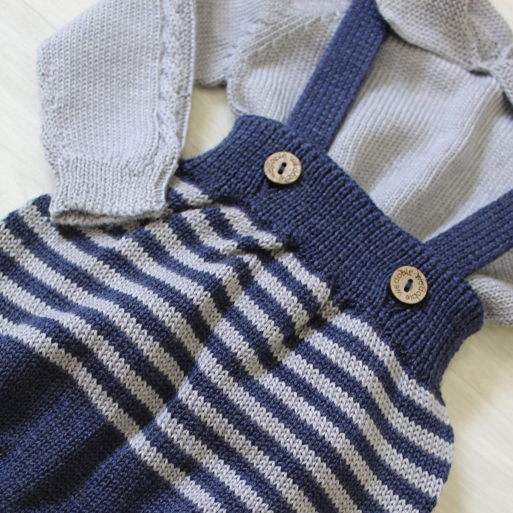 Close up of Boys Knitted Stripe Dungarees & Jumper Set